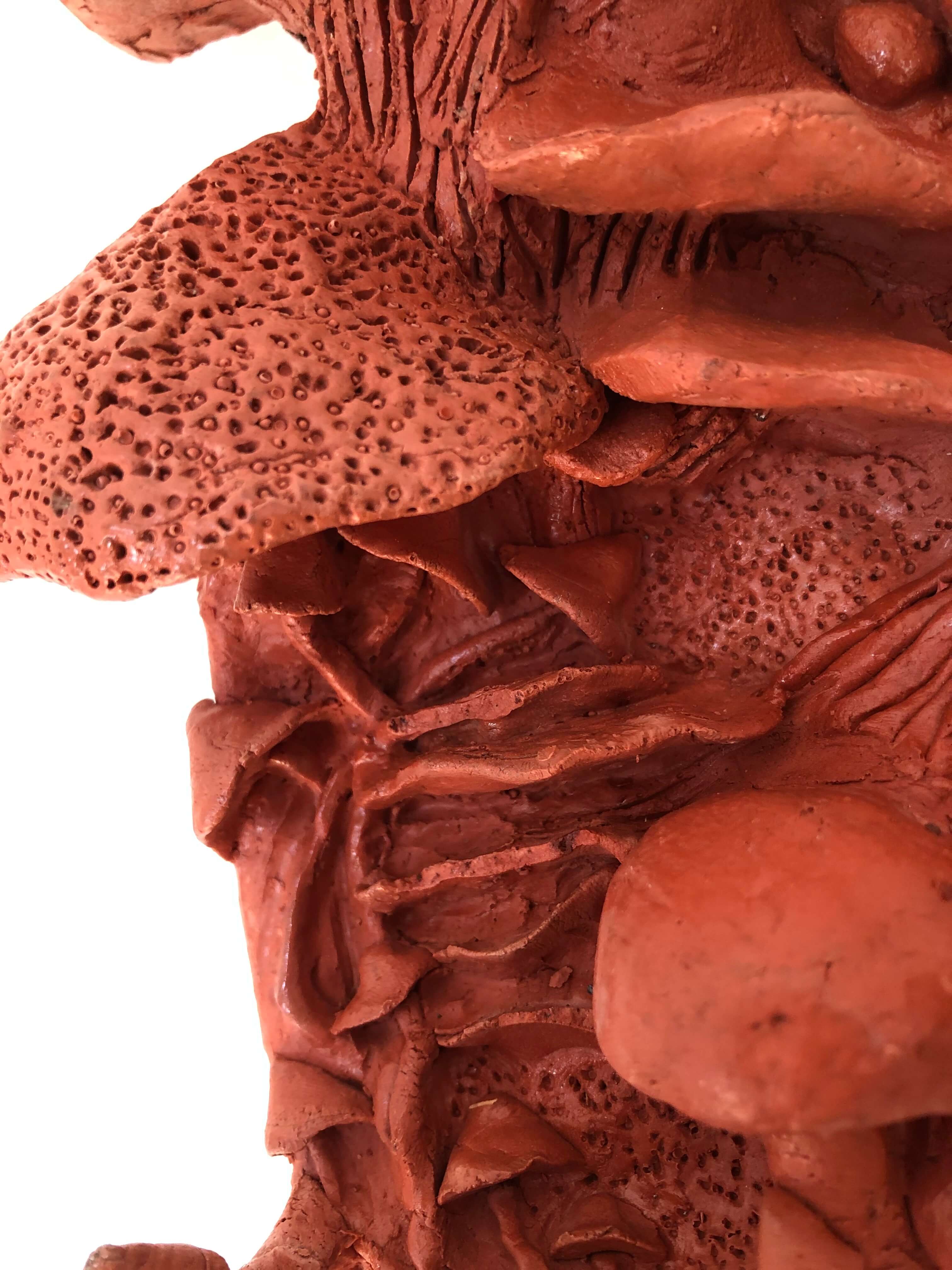 close-up of a red coat hanger in shapes of mushrooms